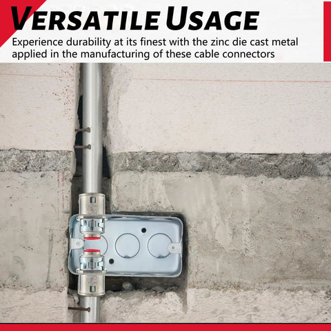 Top Rated 15 Pack Snap In Metal Clad Cable Connectors With 3/8 Inch Cable Grip And 1/2 Inch Knockouts installed in a wall.