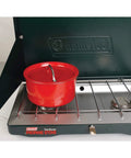 Two Burner Propane Camping Stove With 20,000 BTU Output, Wind Block Panels, And Pressure Regulator For Steady Heat with red pot