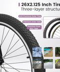 Close-up of 26 Inch Mountain Bike wheel with 2.125 inch tires showing anti-puncture features for urban, trail, and snow rides.