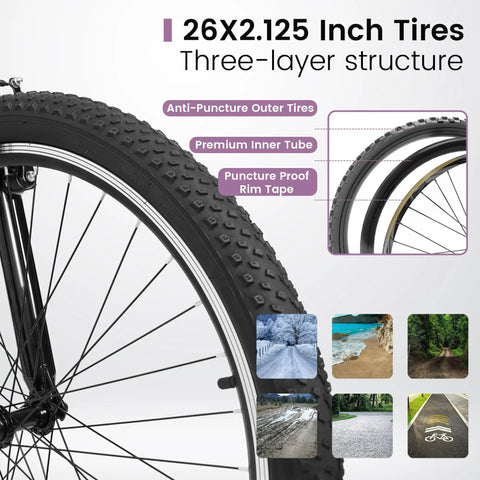Close-up of 26 Inch Mountain Bike wheel with 2.125 inch tires showing anti-puncture features for urban, trail, and snow rides.