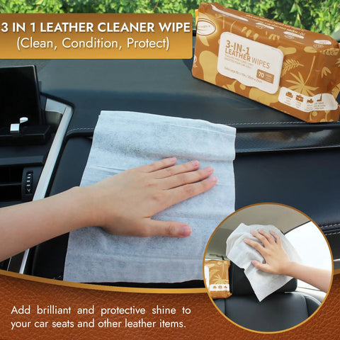 Using 3in1 Leather Cleaner Wipes Extra Large 8x10 For Car And Home Leather Care Heavy Duty Refresh Removes Dirt Oil Stains 70 Count