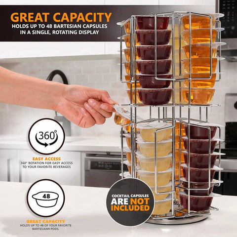 48 Pod Capsule Holder Carousel For Bartesian Cocktail Maker, 360 Degree Chrome Tower Stand with hand accessing capsule