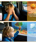 Child in car with Two Pack Ocean Blue Window Sun Shades For Cars Breathable Spandex UV Protection Baby Window Covers visible