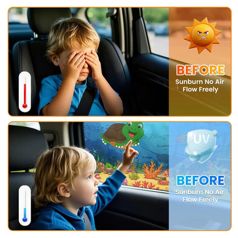 Child in car with Two Pack Ocean Blue Window Sun Shades For Cars Breathable Spandex UV Protection Baby Window Covers visible