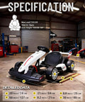 Kids 24V Electric Go Kart With Dual Motors 400W Power 9Ah Battery 6.5 MPH Safe Speed Two Stage Adjustable Frame Backyard EVA Wheels Drift Mode Max 132 Lbs Load White in a garage setting.