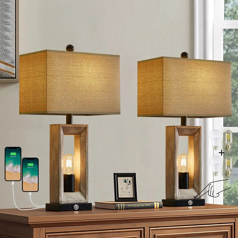 Rustic Farmhouse 3-Way Dimmable USB Table Lamps Set Of 2 With Touch Control Nightlights, 25 Inch on wooden table with USB ports.