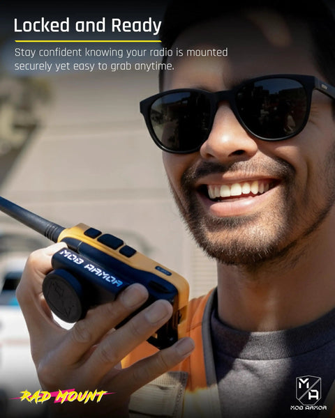 Person using handheld radio with Rad Mount Magnetic Car Mount Kit For CB VHF GMRS And Other Handheld Radios With Hand Mic Holder