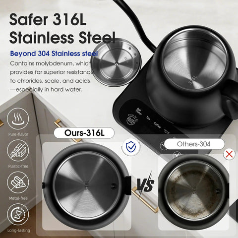Precision Temperature Control Electric Kettle With 316L Stainless Steel, 1F Precision, rapid 1000W heating, and rust-resistant design.