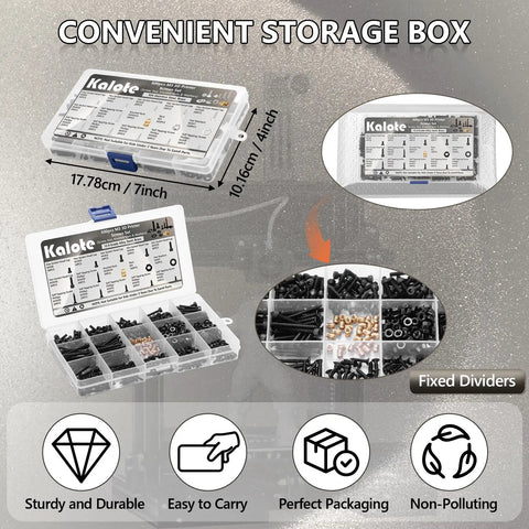 Top Shelf M3 Hex Socket Head Cap Screw Assortment Kit Packing 600 tough bolts in a clear storage box, featuring dividers and labeled compartments.