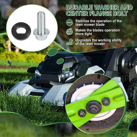 Beefed Up Replacement Hardware Kit For 21 Inch Dual Blade Lawn Mower Includes Fan Center Bolt Washers Lock Nuts And Blade Bolts Complete Set Fits LM2130SP LM2150SP LM2160SP And Similar E Go Power Plus Mowers with close-up of washer and bolt on grass.
