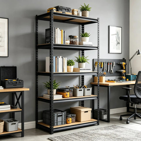 Top Shelf Heavy Duty Five Tier Garage Storage Rack With Adjustable Steel Uprights And Durable MDF Boards Delivering Two Thousand Pounds for workshop gear.