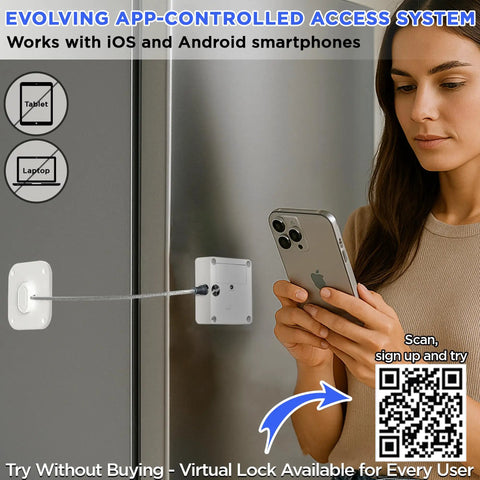 App Controlled Smart Lock For Snacks Food And Alcohol With Built In Timer And Scheduling Modes For Fridge Cabinet Or Pantry Keep Temptation Locked Tight in use with smartphone and hardware on fridge.