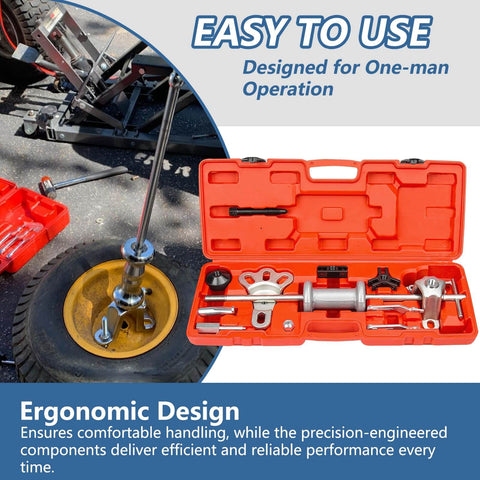 Nine-Way Slide Hammer Puller Set With Two-Jaw And Three-Jaw Options For Front-Wheel Bearings And Rear-Axle Hub Removal