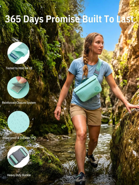Person hiking through a stream wearing an IPX7 Waterproof Fanny Pack With Magnetic One Hand Closure Dry Bag For Kayaking And Paddleboarding.