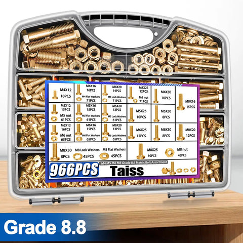 Mega Heavy Duty Metric Bolt And Nut Kit 966 Piece Grade 8 8 With Portable Storage Box Includes M4 To M8 Hex Bolts Nuts And Washers