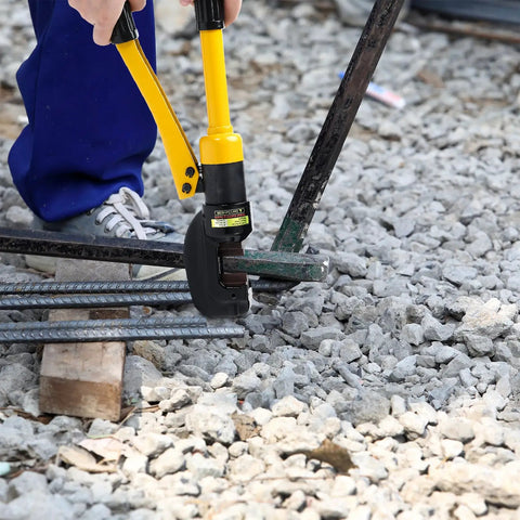 Heavy Duty 8 Ton Hydraulic Rebar Cutter For 5/8 Inch Steel Bar Manual Bolt Chain Shear Tool being used on rebar at a construction site.