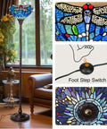 Tiffany Style Stained Glass Torchiere Floor Lamp 70 Inches Tall With Blue Dragonfly Accent, foot switch, detailed glass patterns.