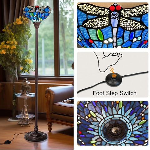 Tiffany Style Stained Glass Torchiere Floor Lamp 70 Inches Tall With Blue Dragonfly Accent, foot switch, detailed glass patterns.