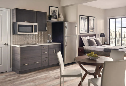Modern apartment with kitchen featuring Precept Single-Handle Kitchen Faucet With Side Sprayer In Chrome, open space with bedroom view