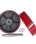 Pair Of Pallet Jack Steering Wheels 7x2 Inches Poly Tread Red With Preinstalled Bearings Axle And Fasteners For Quick Easy Swap In Replacement Parts For Industrial Pallet Jacks And Workshops Heavy Duty visible, showing red wheels with axle and fasteners.