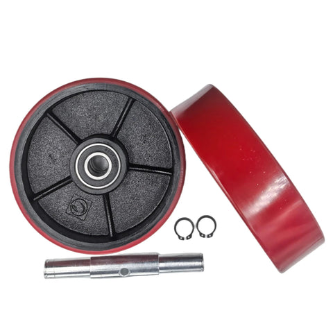 Pair Of Pallet Jack Steering Wheels 7x2 Inches Poly Tread Red With Preinstalled Bearings Axle And Fasteners For Quick Easy Swap In Replacement Parts For Industrial Pallet Jacks And Workshops Heavy Duty visible, showing red wheels with axle and fasteners.