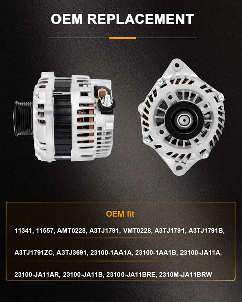 Nissan Alternator Replacement 12V 130A For Altima 2007 2010, Maxima 2009 2010, Murano 2009 2014, Quest 2011 2017 shown front and side view