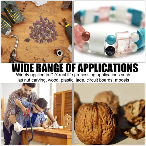 Pro Grade 890 Piece Sanding Drum Set For Drum Sander With 80 120 240 320 400 600 Grits Includes 24 Drum Connecting Rods And 2 Self Tightening Drill Chucks used in various applications like woodworking and jewelry making.
