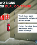 Image showing Fire Extinguisher Sign With Arrow 6 Inch 3D Two Sided Acrylic Projecting V Sign for wall mount in warehouse.