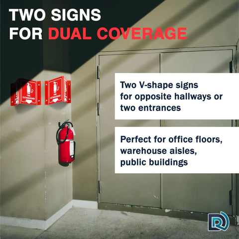 Image showing Fire Extinguisher Sign With Arrow 6 Inch 3D Two Sided Acrylic Projecting V Sign for wall mount in warehouse.