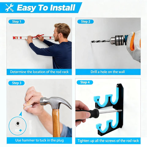 Installation steps for Wall Or Ceiling Mounted Fishing Rod Rack With Soft Protective Pads, showing aligning, drilling, hammering, and tightening.