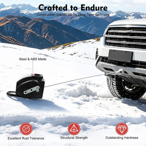 Heavy Duty Electric Winch 6000 Lbs Pulling Power For Trailers And Trucks With 12V 300W Motor, showcasing steel and ABS construction in snowy terrain.