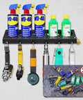 Multipurpose Wall Mounted Spray Can And Air Tool Organizer Rack With Five Can Slots And Six Tool Holders For Garage Or Shop Use
