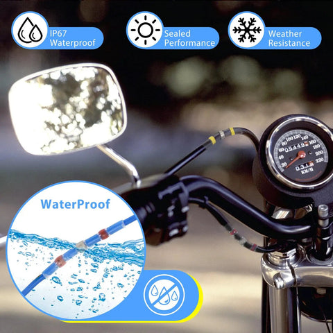 Solder Seal Wire Connectors Kit For Quick DIY Install With Waterproof Heat Shrink Sleeves shown on a motorcycle handle.