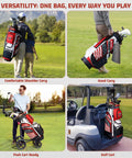 Fourteen Way Golf Cart Bag With T Lock Top And Full Length Dividers USA Flag shown in various carrying modes on golf course