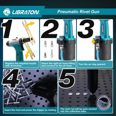 Beefy Heavy Duty Pneumatic Rivet Gun Kit With Self Suction Design in instructional steps for auto repair and construction use