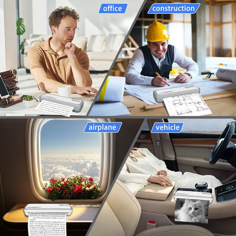 Fly Portable Thermal Printer Bluetooth Wireless Inkless Home Office Travel Buddy Compatible With Smartphones And Laptops For Tattoos And Snappy Prints Includes Fresh Paper Rolls in office, construction, airplane, and vehicle settings.
