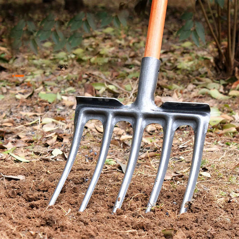 Heavy Duty High Carbon Steel Garden Fork With Five Tines Anti Breakage Spading Fork For Farms And Ranches in soil