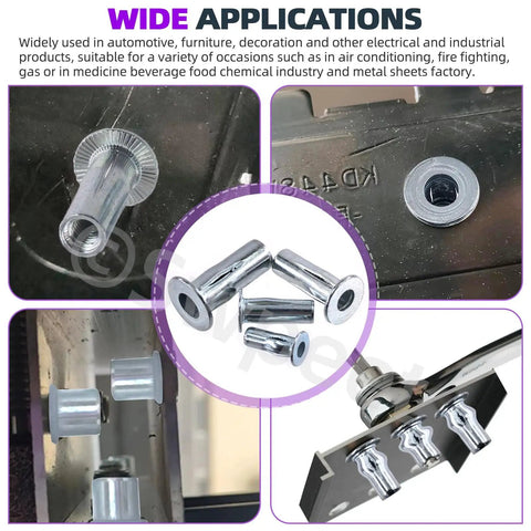 Twenty Piece M4 Metric Carbon Steel Rivet Nuts Kit With White Zinc Plating, multi grip bulbed shank flat head threaded insert nuts
