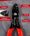 Heavy Duty 4 In 1 Electrician Pliers With Built In Wire Stripper Crimper And Cutter showcasing gripping, crimping, cutting, and stripping functions.