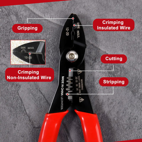 Heavy Duty 4 In 1 Electrician Pliers With Built In Wire Stripper Crimper And Cutter showcasing gripping, crimping, cutting, and stripping functions.