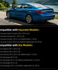Ultimate Drive Belt Tensioner Idler Pulley Serpentine Kit For Hyundai Sonata Santa Fe Sport And Kia Optima Models That Rock The Road With Precision Fitment In 24L Engines. blue sedan on road, fitment chart for Hyundai and Kia 2.0L 2.4L