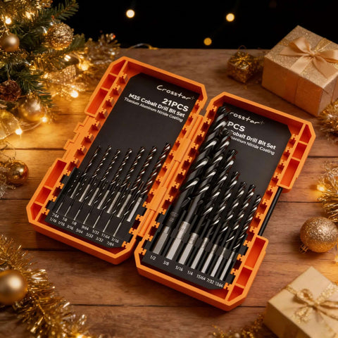 Two orange Crosstar M35 cobalt drill bit sets, 21 pcs TiAlN-coated, three-flute, 1/16"-1/2" metal drill bits.
