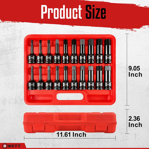 Half Inch Drive Master Impact Hex Bit Set, 20 Piece Hex Driver Socket Set For SAE And Metric, red case with sizes labeled.