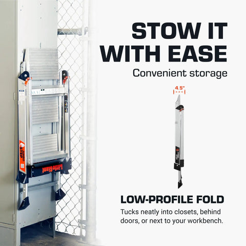 Three Step Foldable Aluminum Step Stool 2.2 Ft Tall With Non Slip Riser, Lightweight Yet Sturdy, Safety Handrail, Top Cap Tray With Phone Holder, Hooks And Tool Ports For Handy Home Or Jobsite Work folded flat for storage