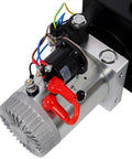 Close-up of Heavy Duty 12V DC Hydraulic Power Unit with 3HP motor, steel tank, and wiring for dump trailers and lift gates.
