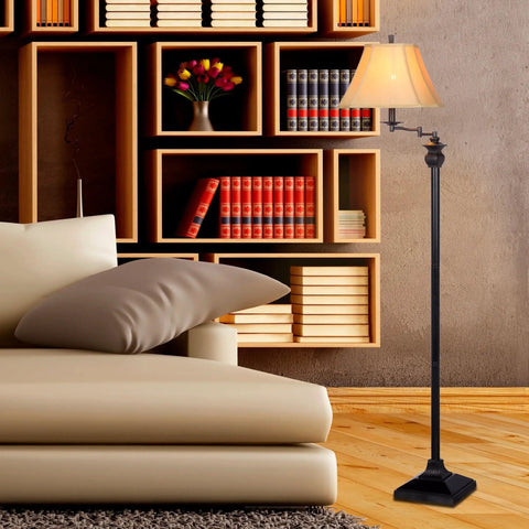 7616 65 Inch Bronze Swing Arm Floor Lamp With Designer Shade, Resin Construction, And Easy 3 Way Switch in a cozy living room