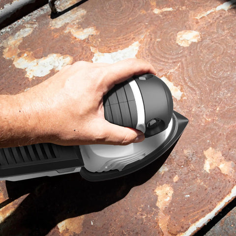 Electric Detail Sander With 12-Piece Sandpaper Set 60 80 100 120 Grit 14,000 OPM handheld sanding a rusted surface