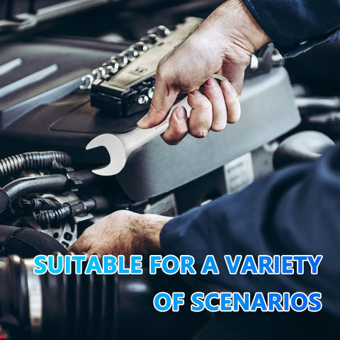 Mechanic using 8 Piece Stubby Ratcheting Wrench Set Five Sixteenth Inch To Three Quarter Inch SAE on car engine