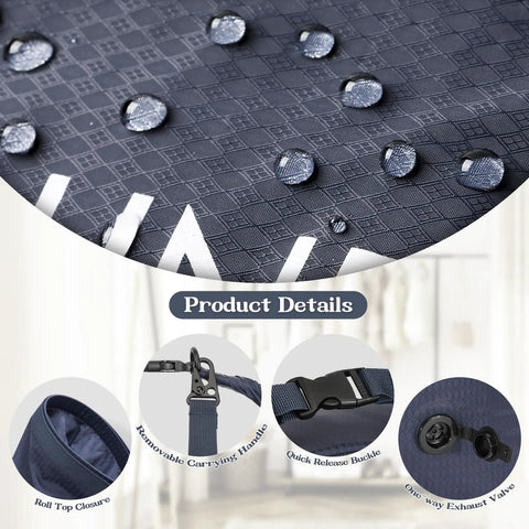 Travel Laundry Bag With Vacuum Compression showing waterproof nylon fabric, quick release buckle, and exhaust valve details.