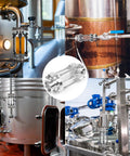 1.5-inch stainless steel in-line sight glass with tri-clamp fittings; collage of installed views on sanitary piping.